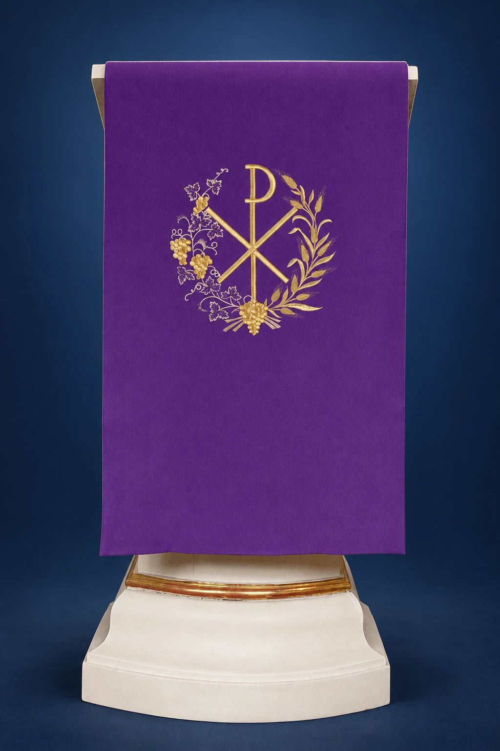 Purple Embroidered Church Lectern Cover with PAX Motif, front view with gold PAX and grapevine embroidery