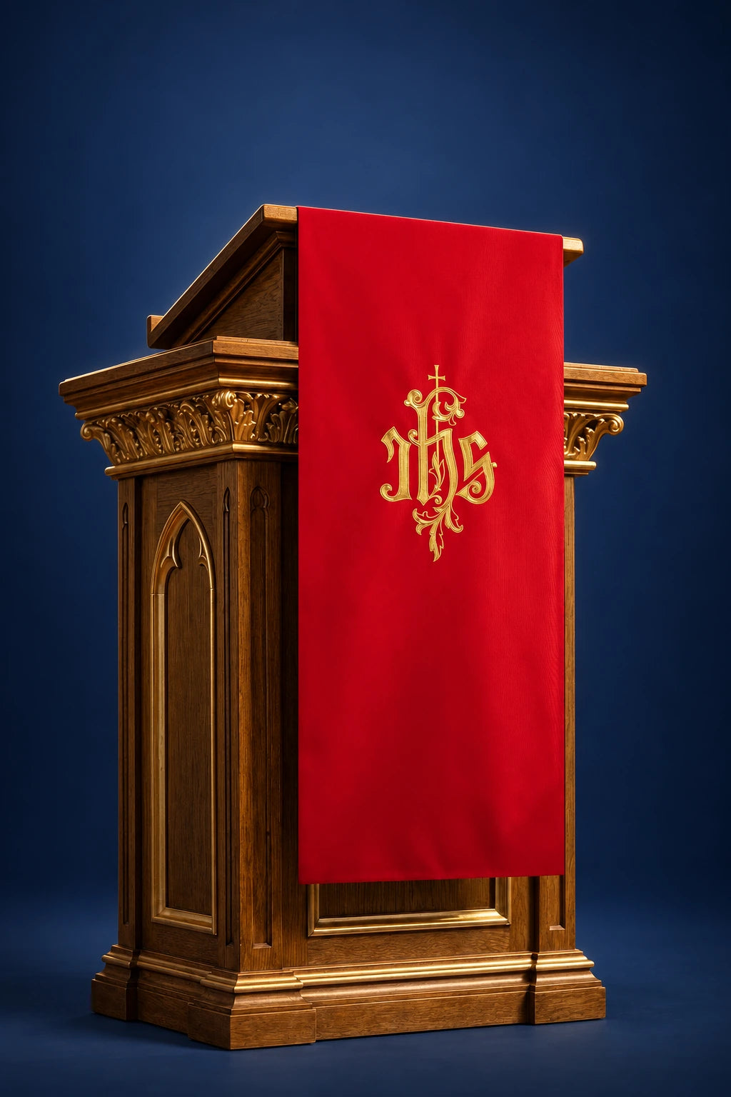 Red Church Lectern Cover with Embroidered IHS Monogram, front view