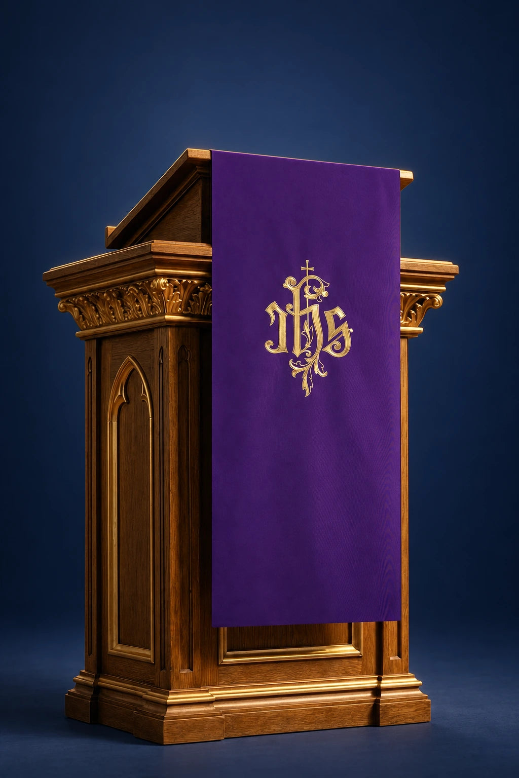 Purple Church Lectern Cover with Embroidered IHS Monogram, front view on a lectern