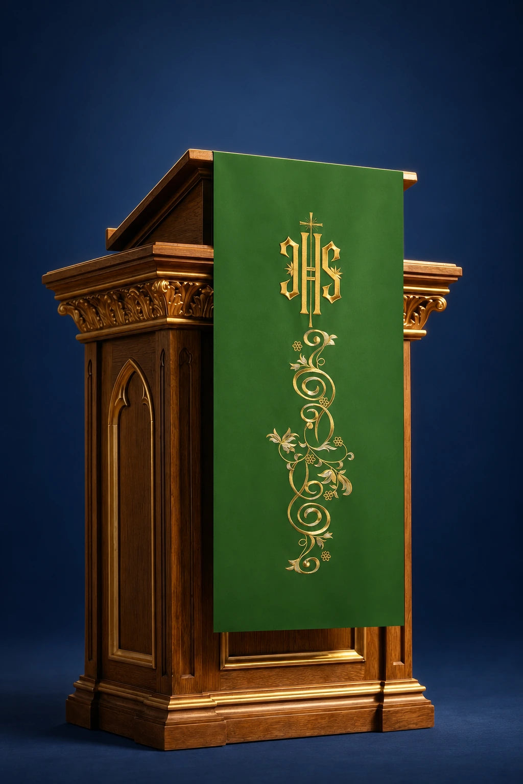 Green Church Lectern Cover with IHS Embroidery and Botanical Ornament, front view