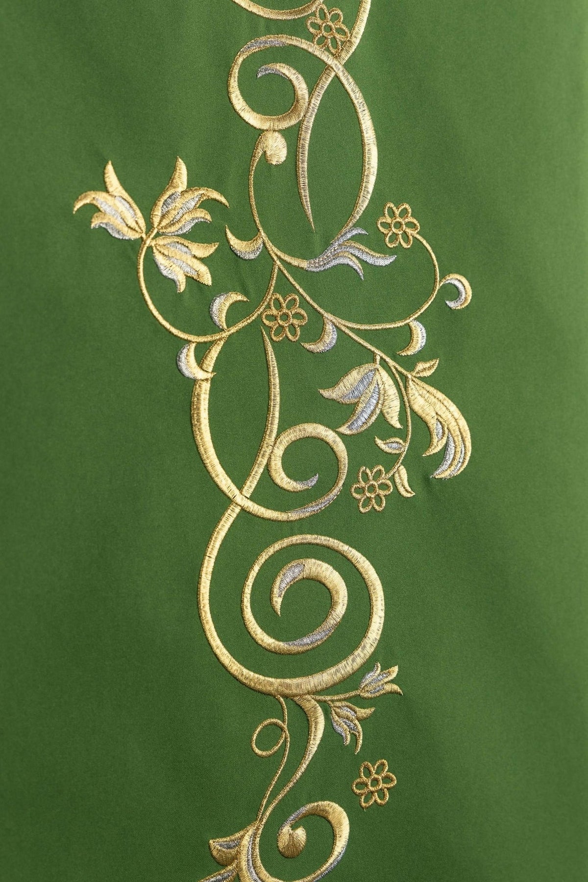 Church lectern cover close-up with gold embroidered botanical ornament