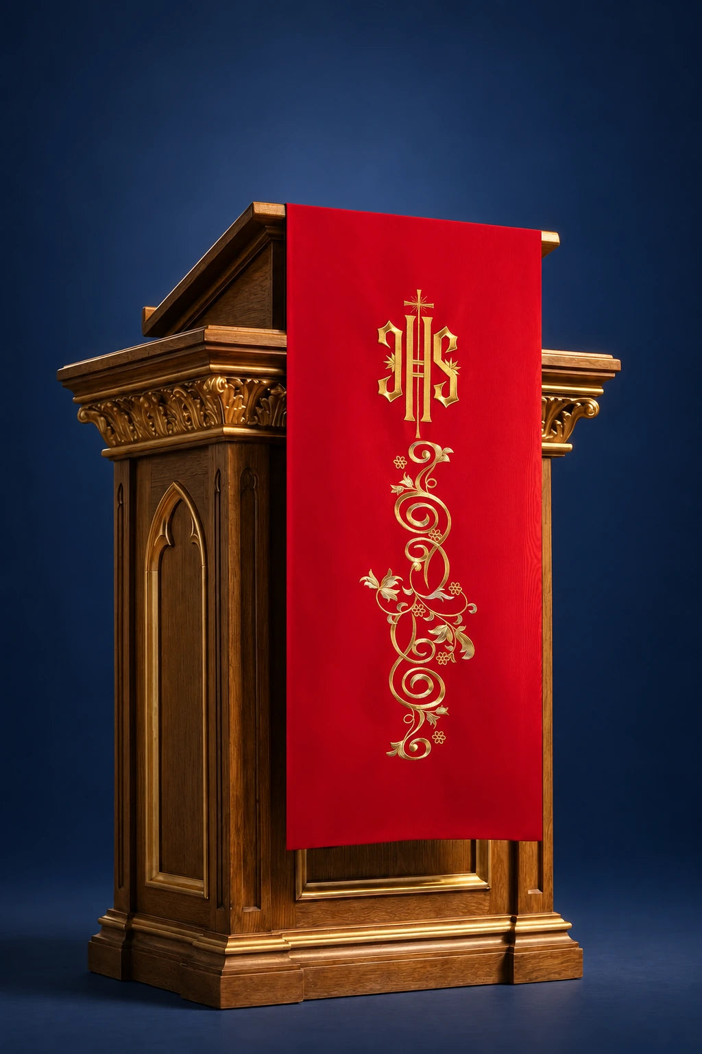 Red Church Lectern Cover with IHS Embroidery and Botanical Ornament, front view with gold embroidery