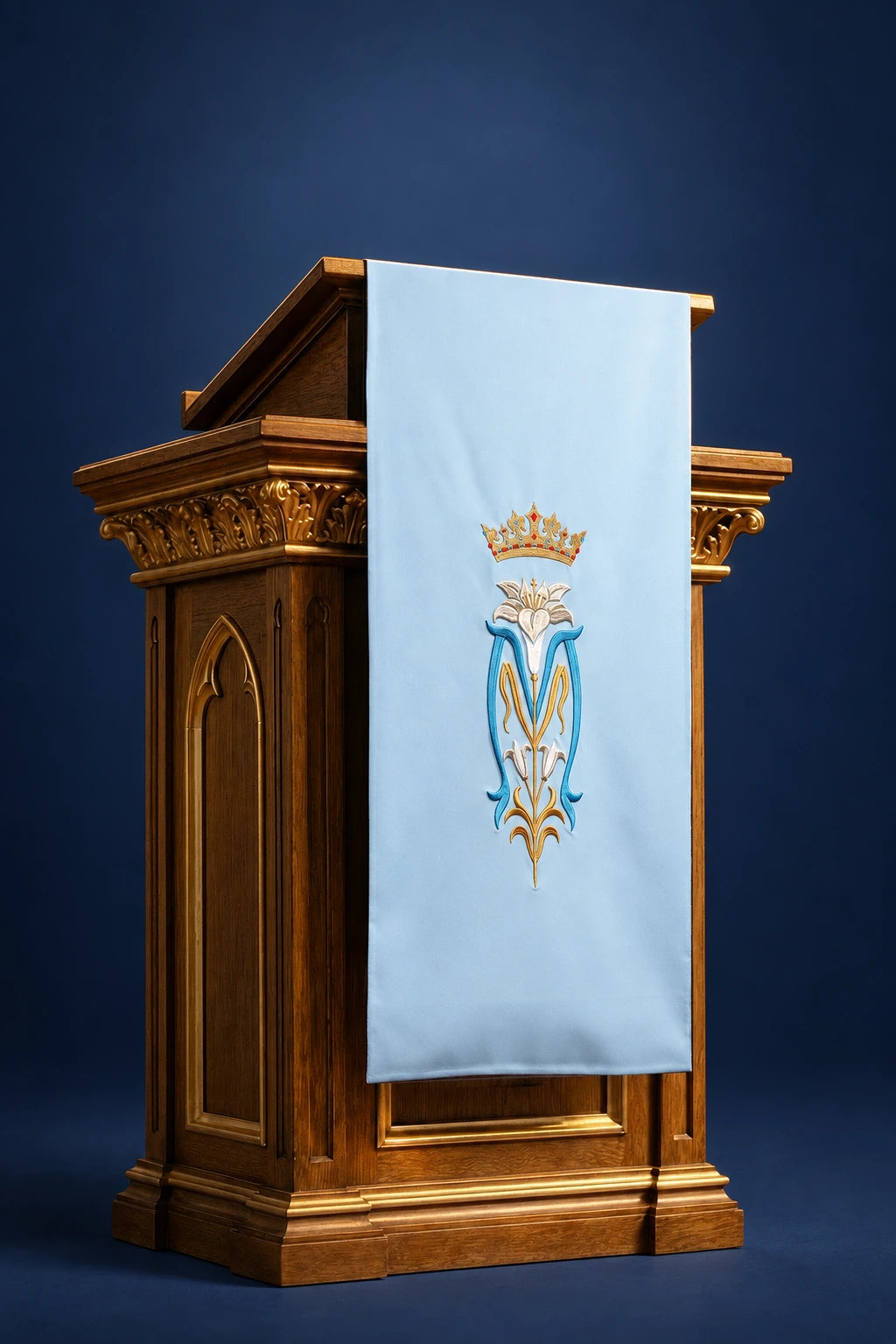 Light Blue Embroidered Church Lectern Cover with Marian Motif, front view on a lectern