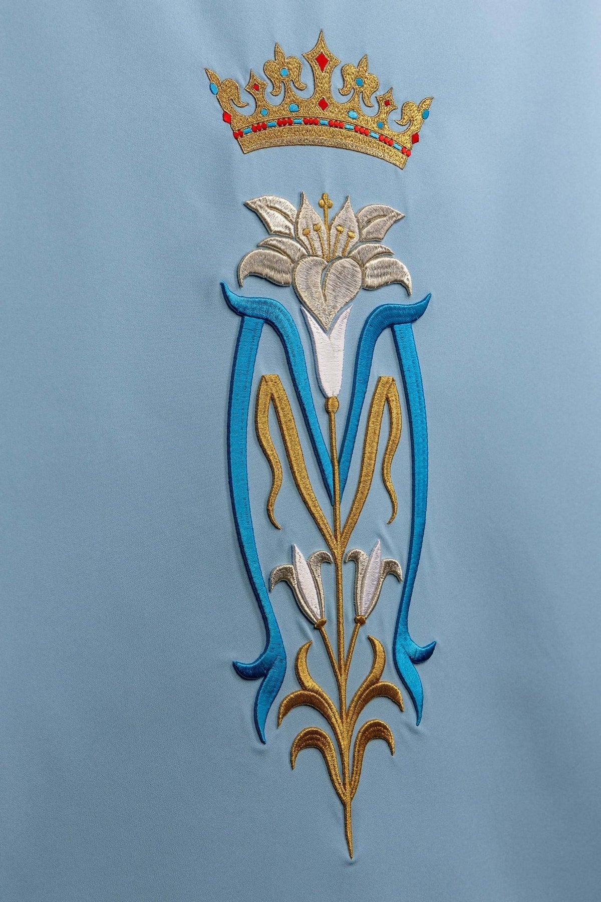 Church lectern cover front detail with Marian motif, crown and lily embroidery