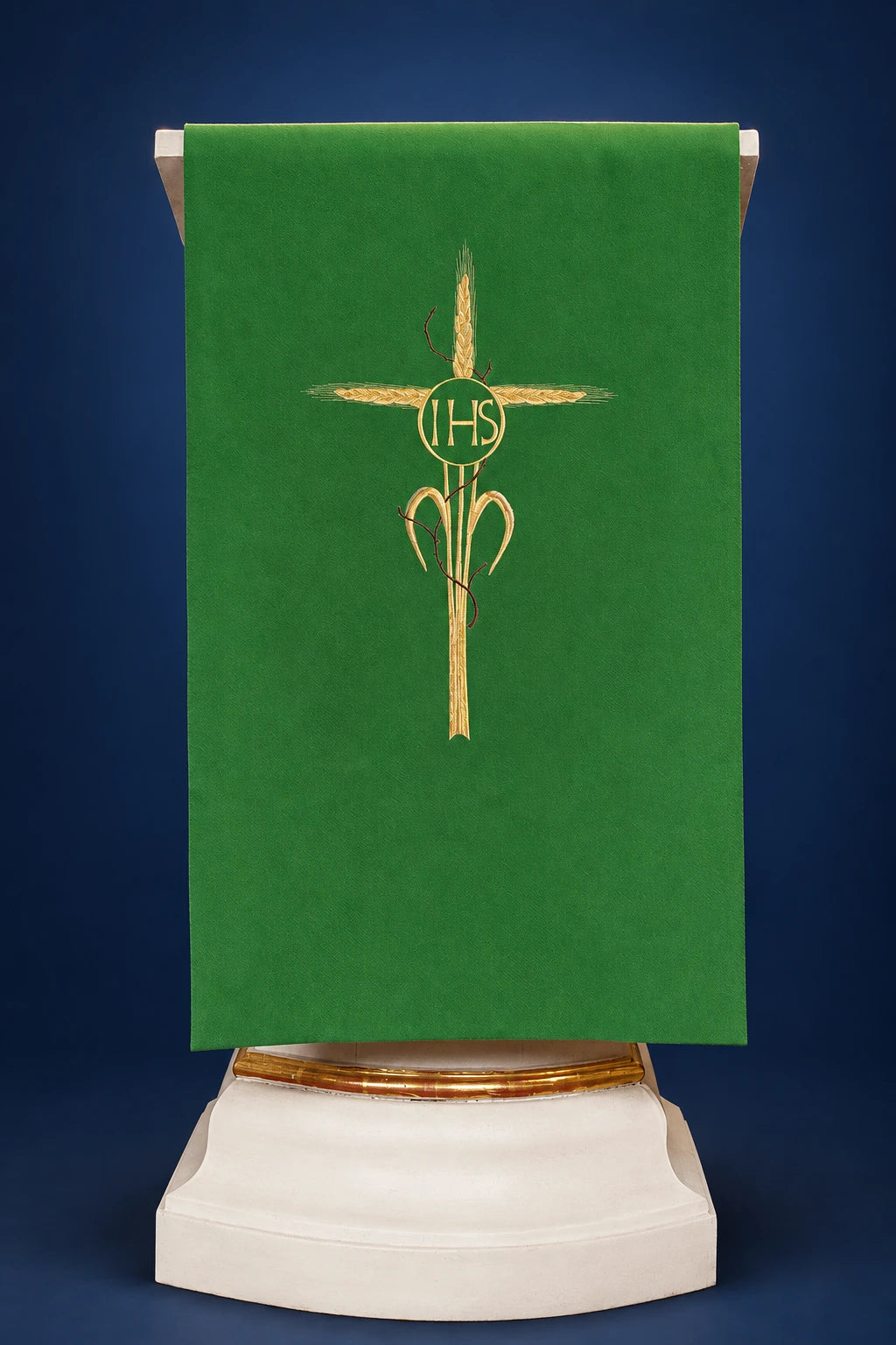 Green Church Lectern Cover with Gold Cross Embroidery, front view with gold embroidered cross and IHS motif