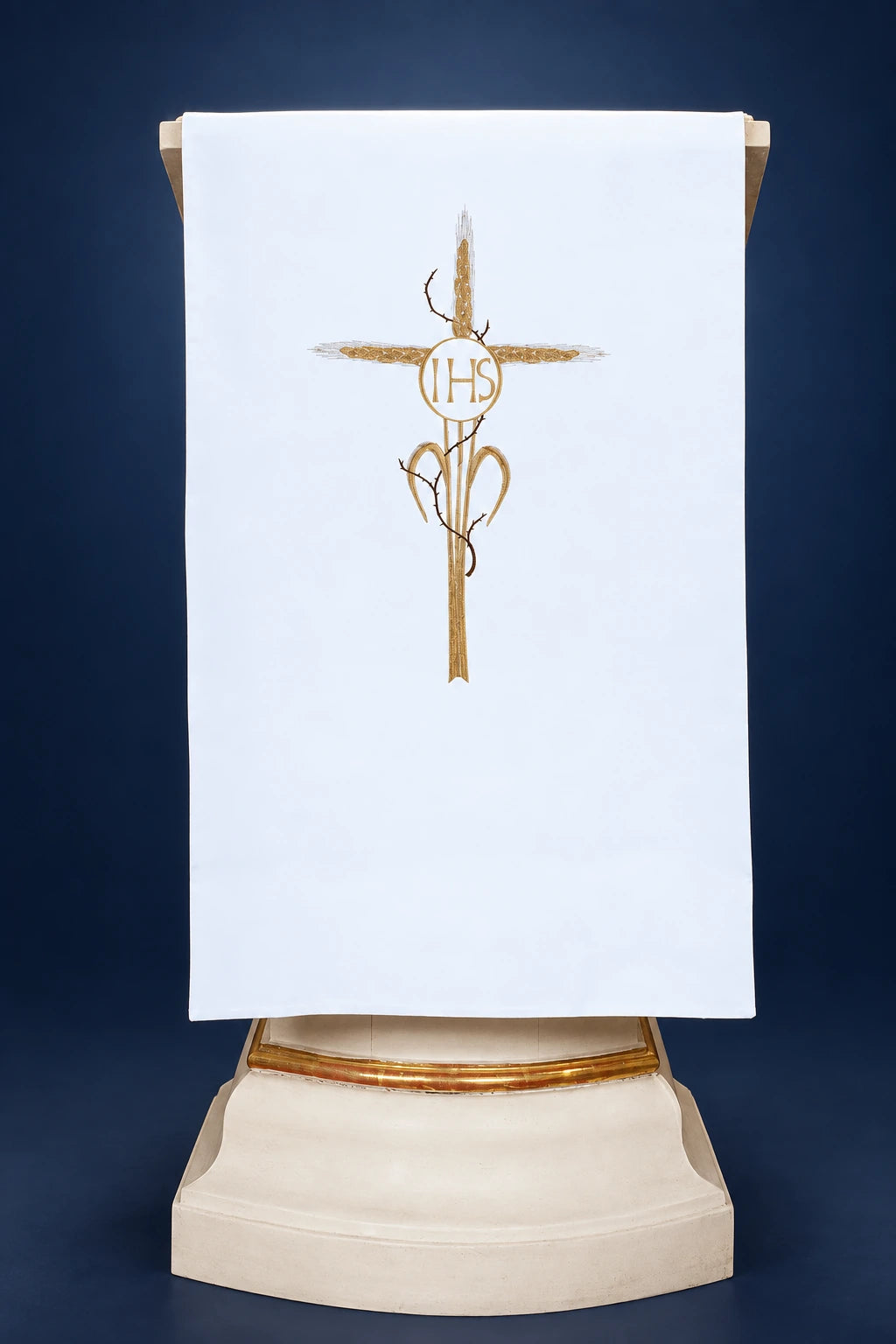 White Church Lectern Cover with Gold Cross Embroidery, front view with gold cross and IHS embroidery