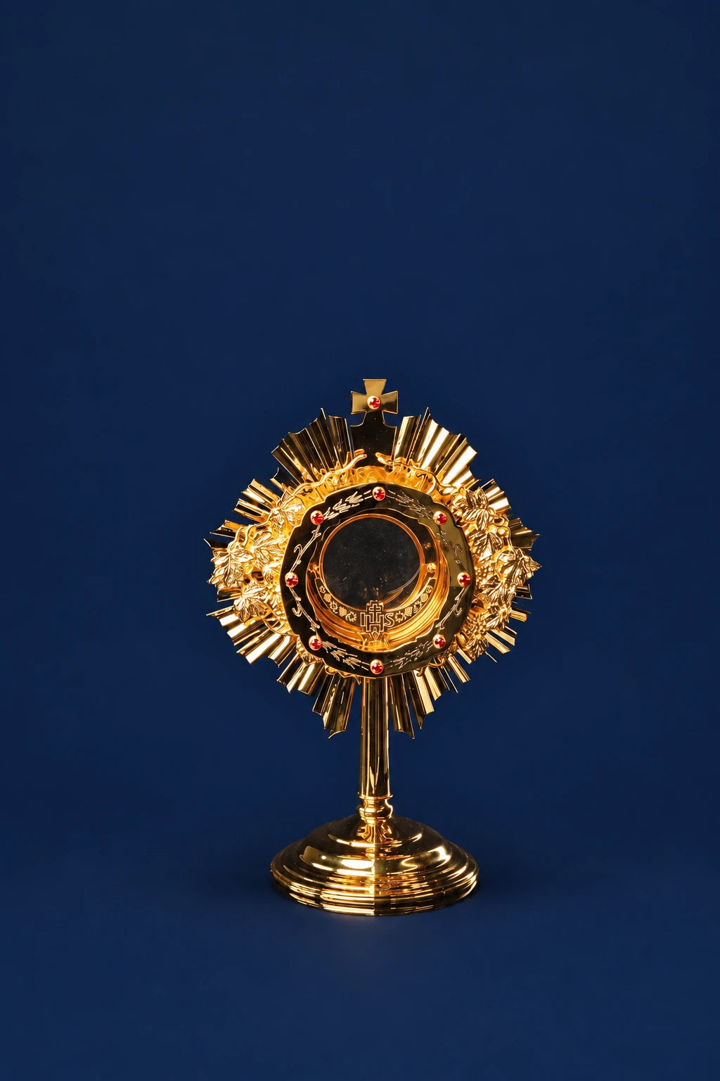 Handcrafted Gold-Plated Brass Catholic Monstrance, full front view with rays, cross and red gemstones