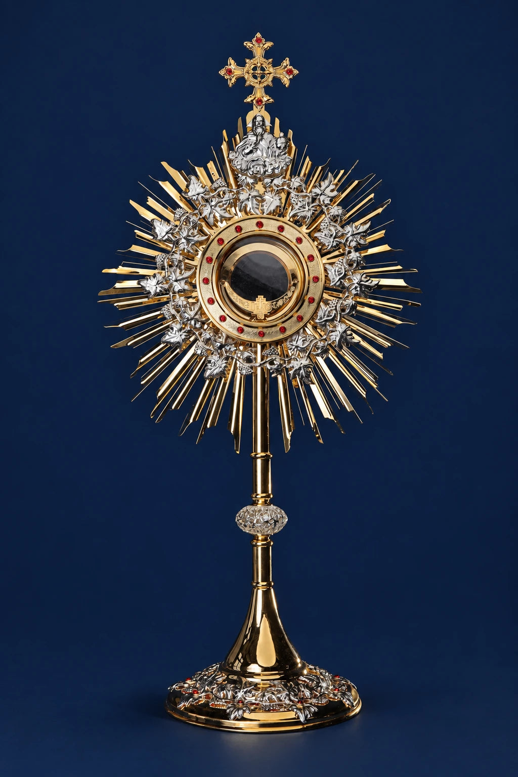 Handcrafted Gold-Plated Brass Monstrance with Rubies, full front view with sunburst, vine details and cross