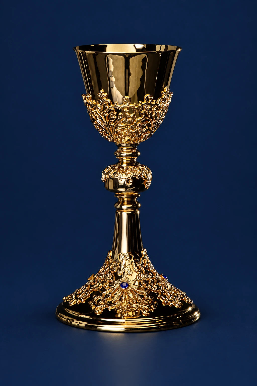 Handcrafted Gold-Plated Chalice with Botanical Ornaments, 8.75 in (22 cm), full front view in gold