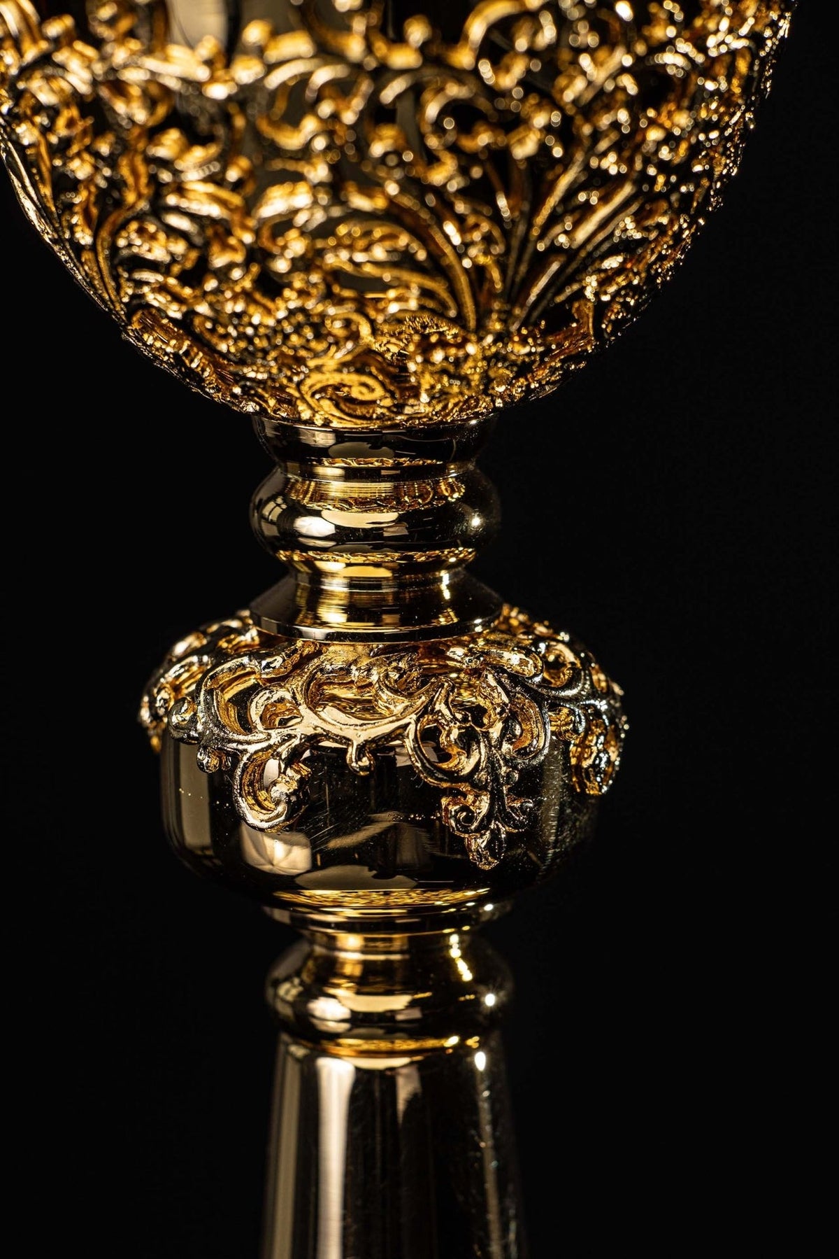 Gold-plated chalice stem and base with botanical ornaments and blue stones