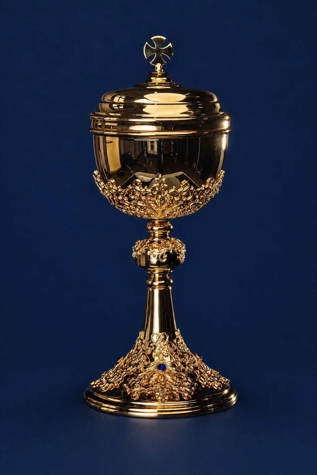 Handcrafted Gold-Plated Ciborium Decorated with Sapphires, full front view with cross and ornate gold scrollwork