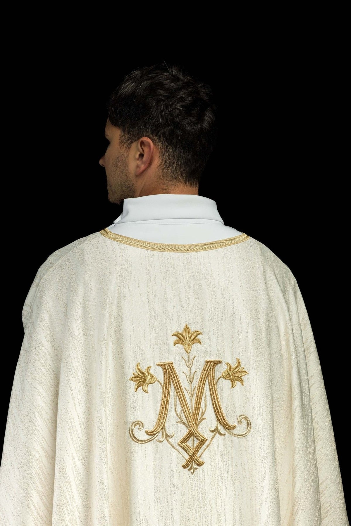 Ecru Marian motif chasuble, back view with gold embroidery