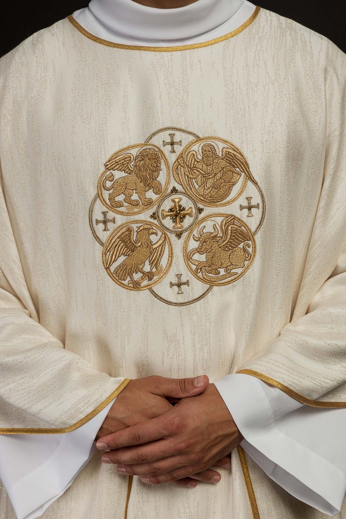 Ecru chasuble close-up of front Four Evangelists embroidery