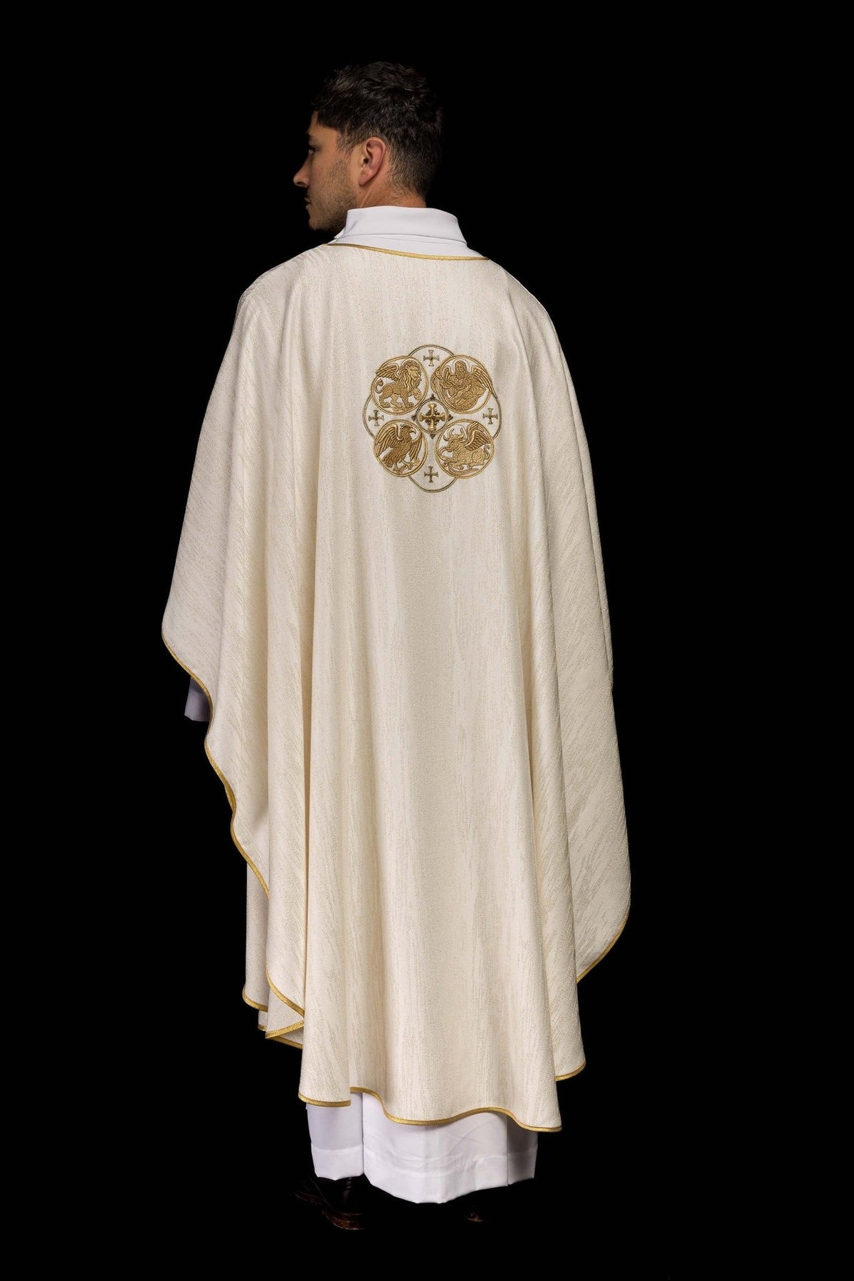Ecru chasuble back view with gold Four Evangelists embroidery