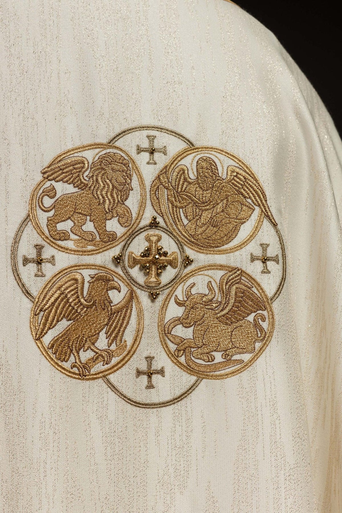 Ecru chasuble close-up of back Four Evangelists embroidery