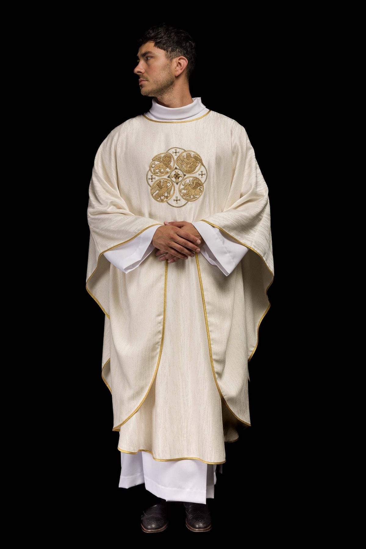 Ecru chasuble front view with gold trim and Four Evangelists embroidery