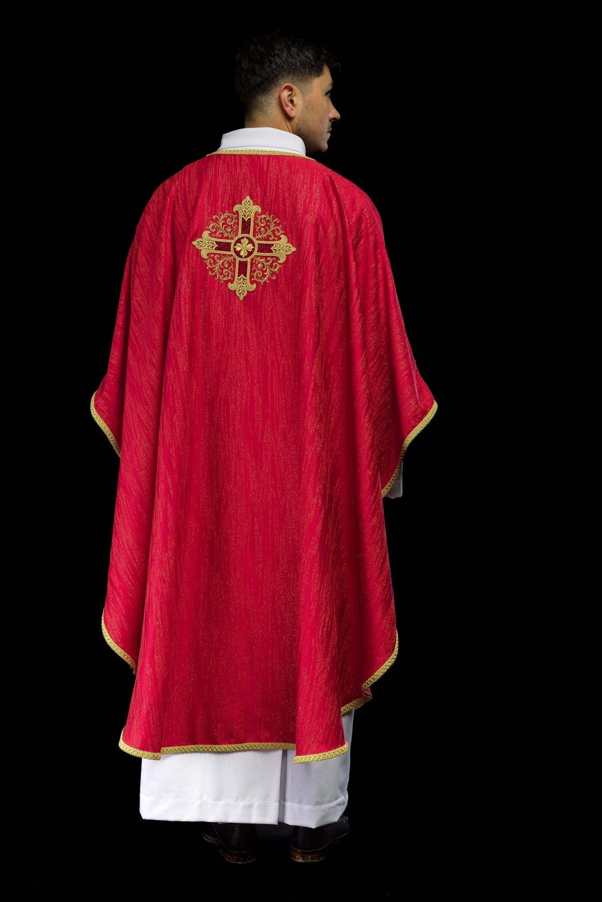 Red chasuble full back view with gold trim