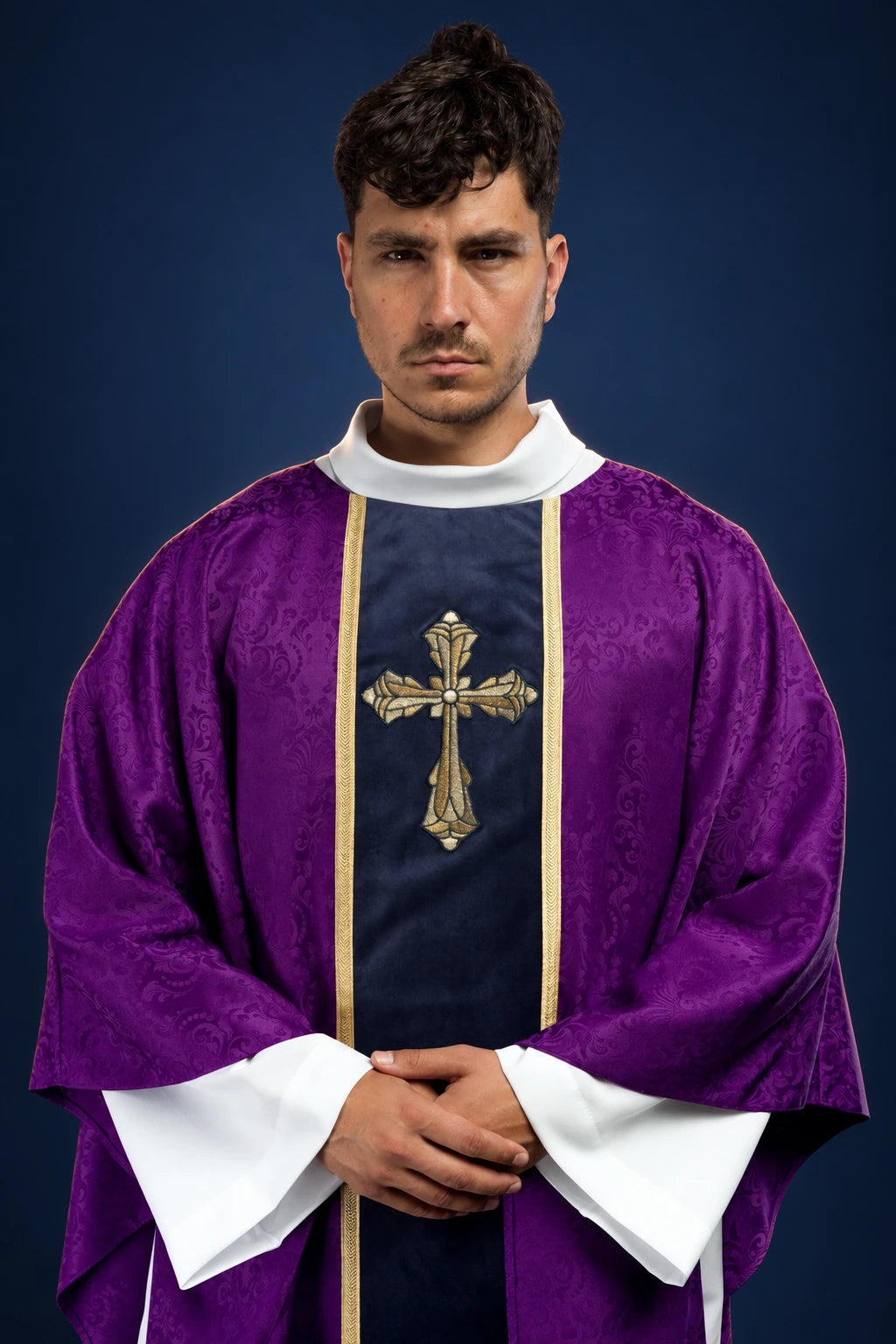 Purple Liturgical Chasuble with Orphrey and Cross Embroidery, front view with gold cross embroidery