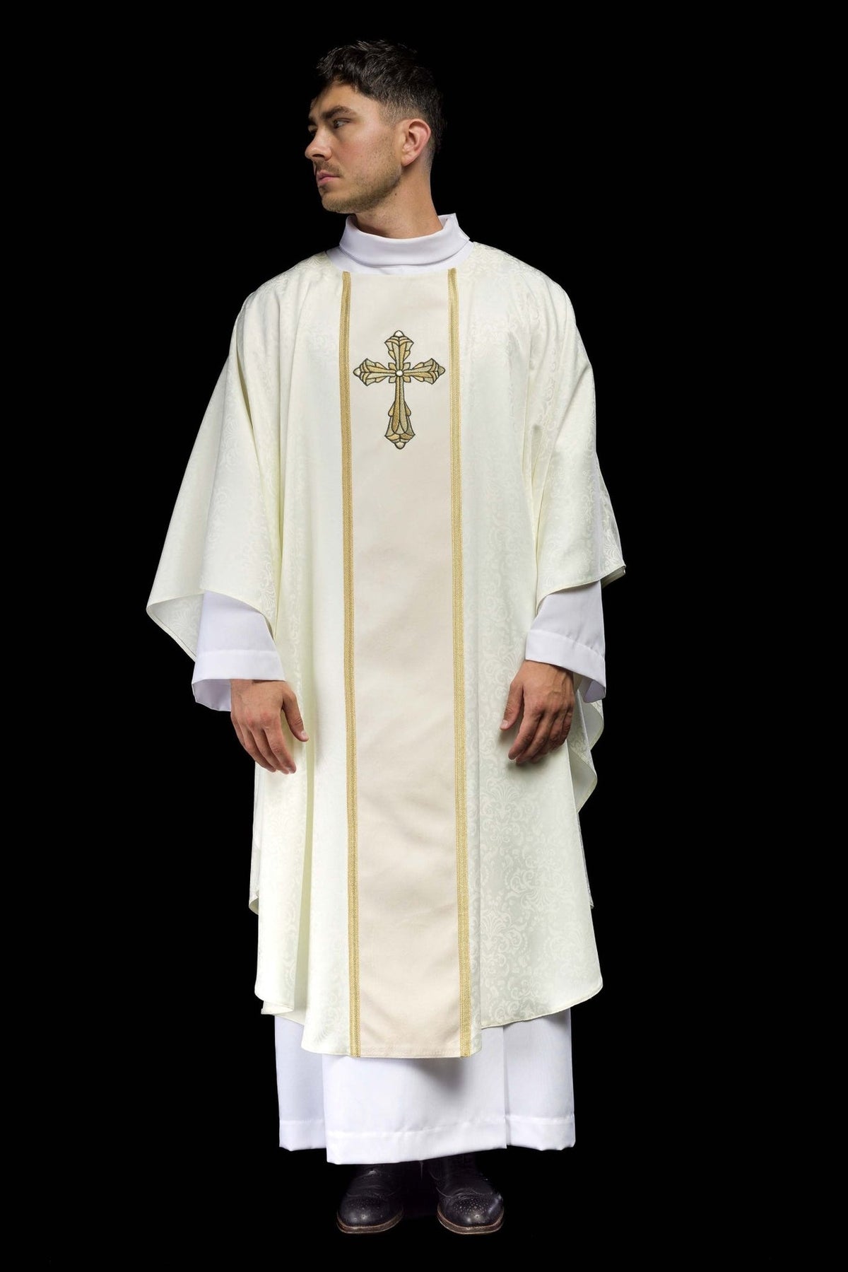 Ecru chasuble front view with jacquard fabric and embroidered cross