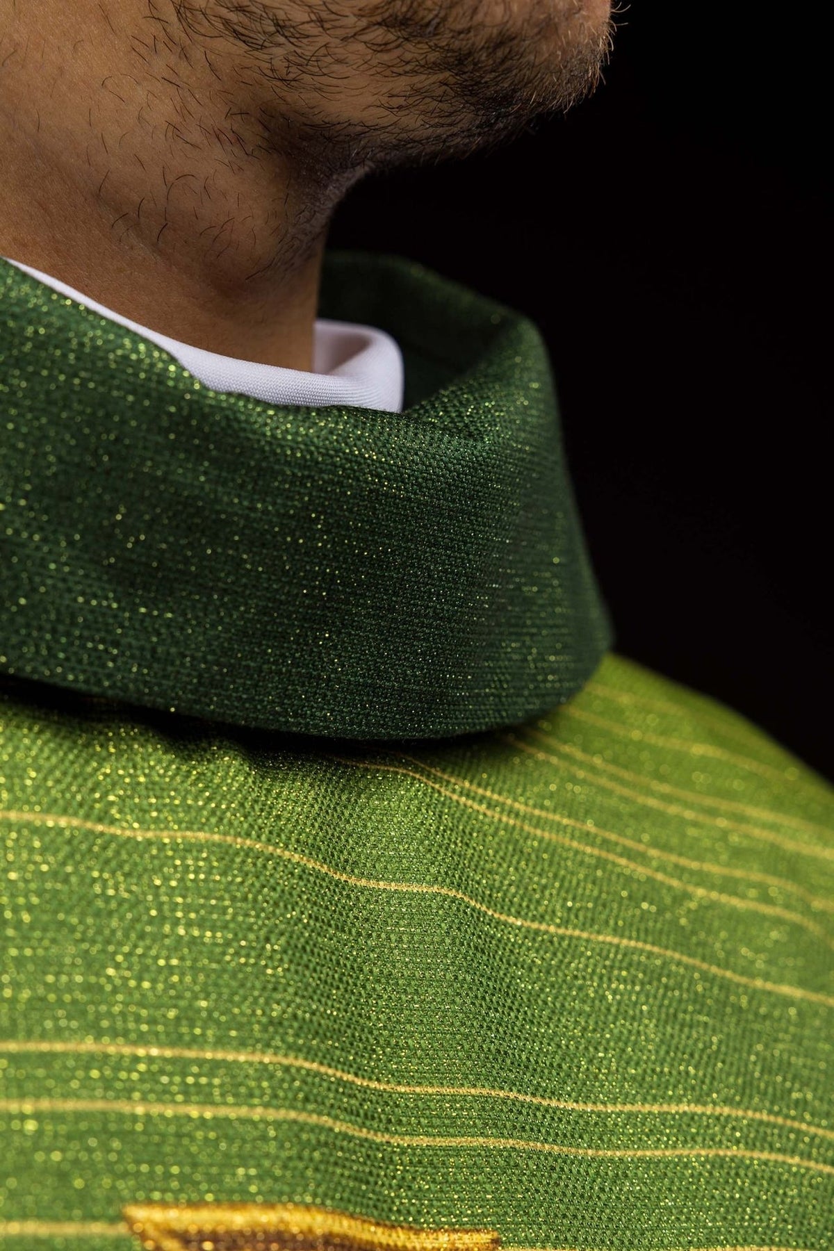 Green chasuble close-up of gold-trimmed sleeve and printed fabric