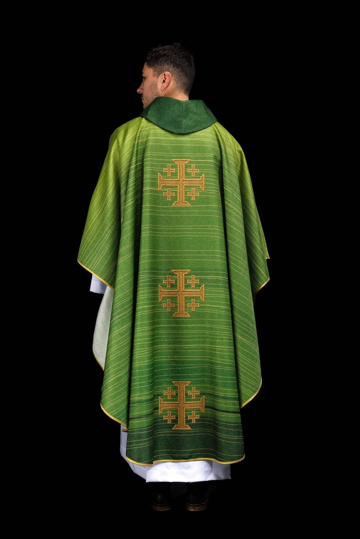 Green chasuble back view with three gold Jerusalem crosses