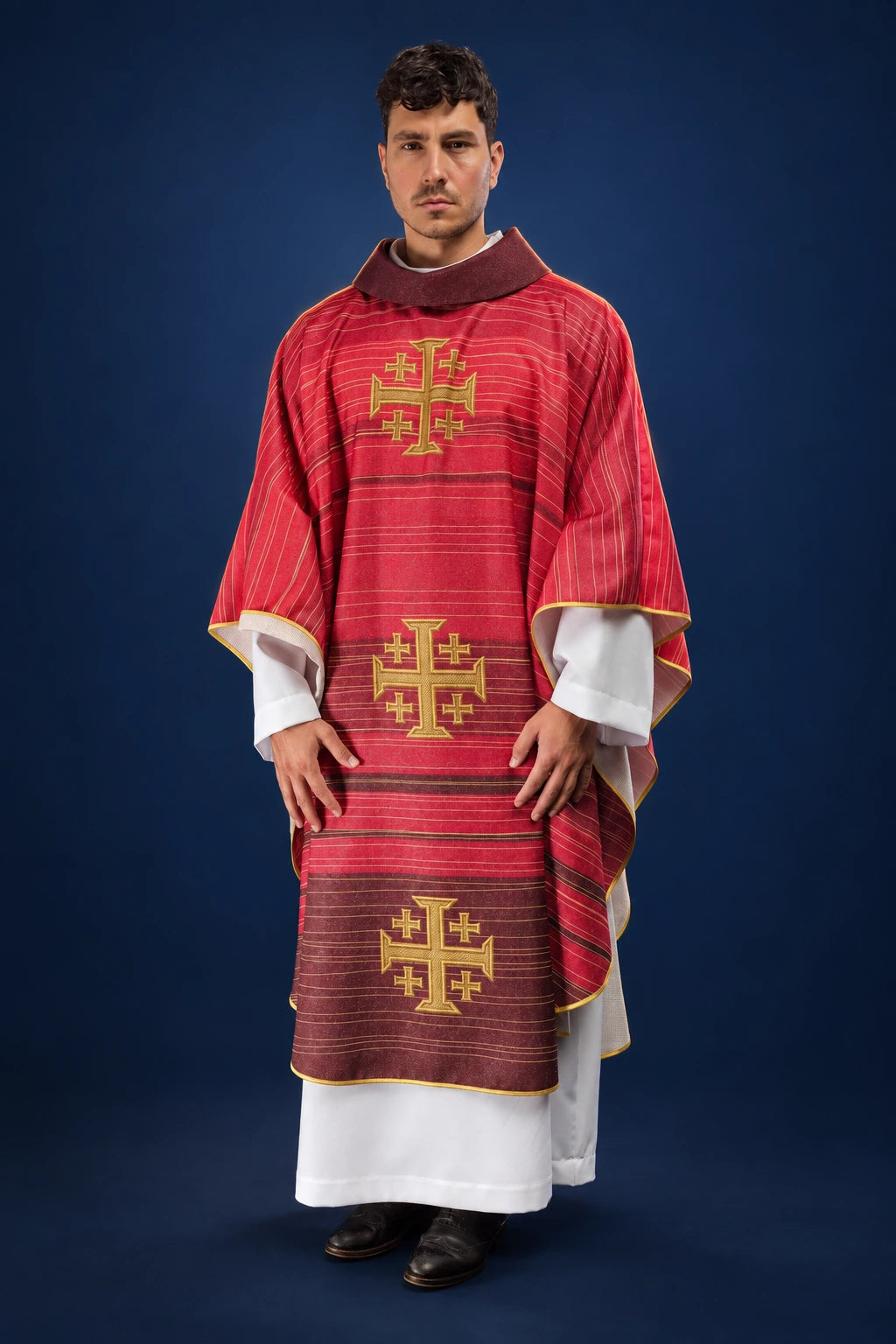 Red Printed Chasuble with Jerusalem Cross, front view with gold Jerusalem crosses and gold trim