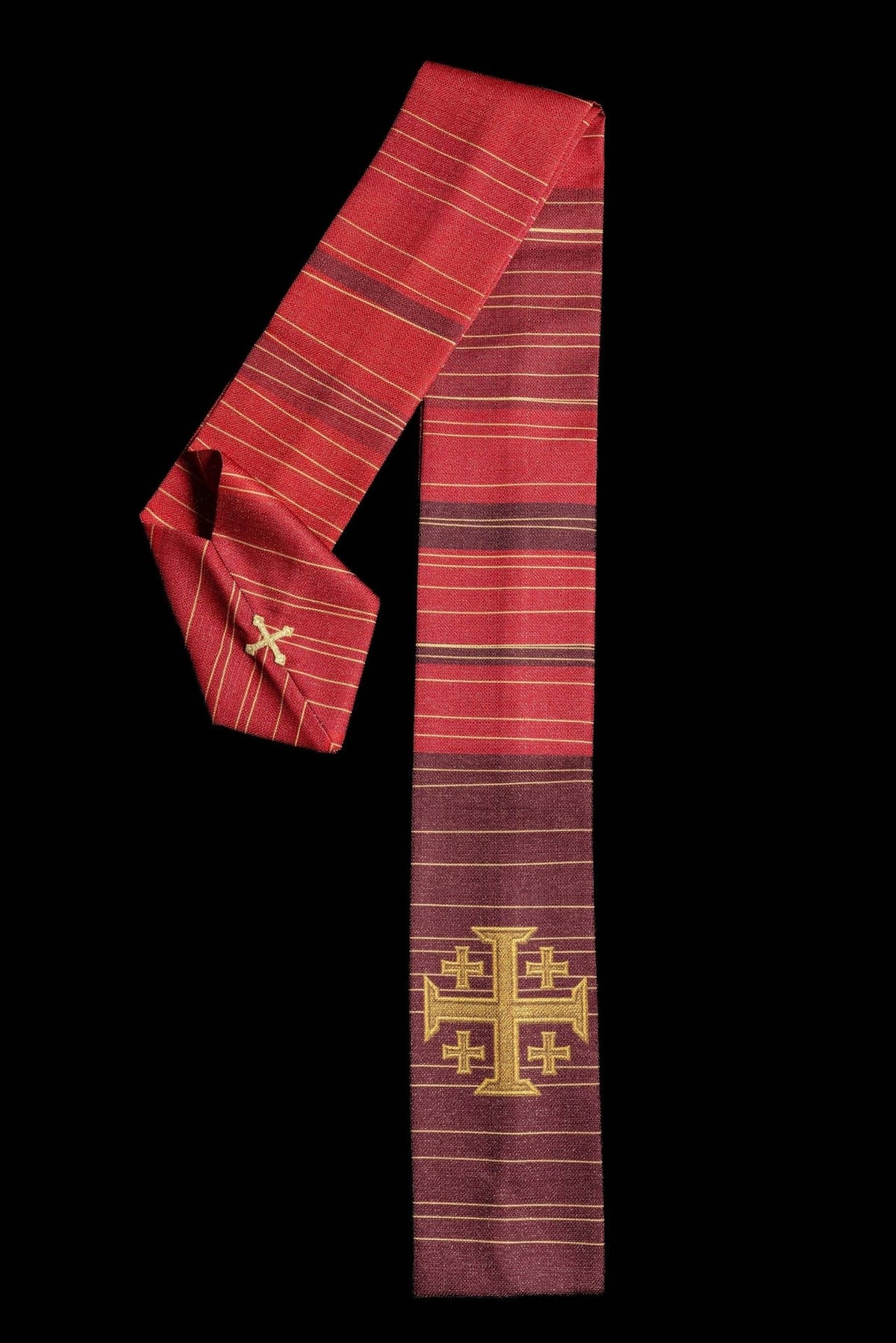 Red chasuble front worn view with gold Jerusalem crosses and striped fabric