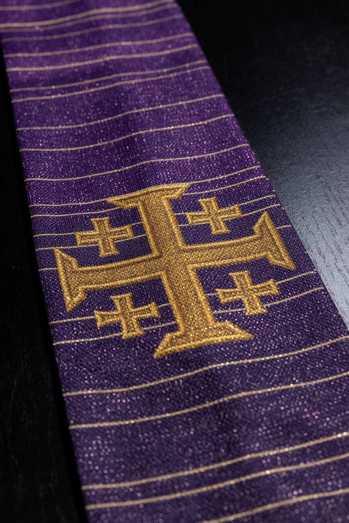 Purple stole with close-up Jerusalem cross embroidery
