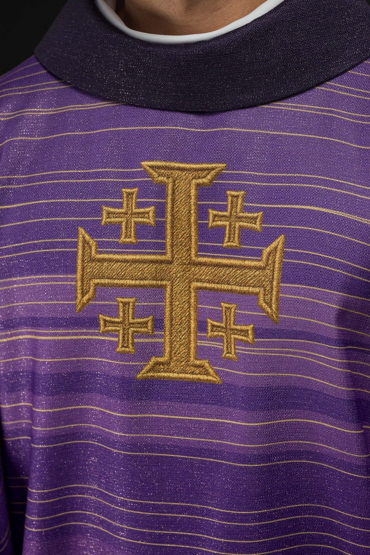 Purple chasuble with Jerusalem cross, close-up front embroidery