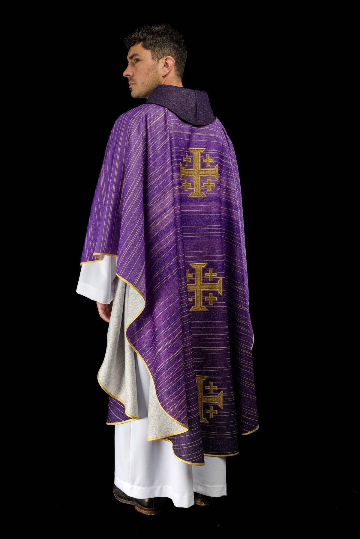 Purple chasuble with Jerusalem cross, back view with embroidery