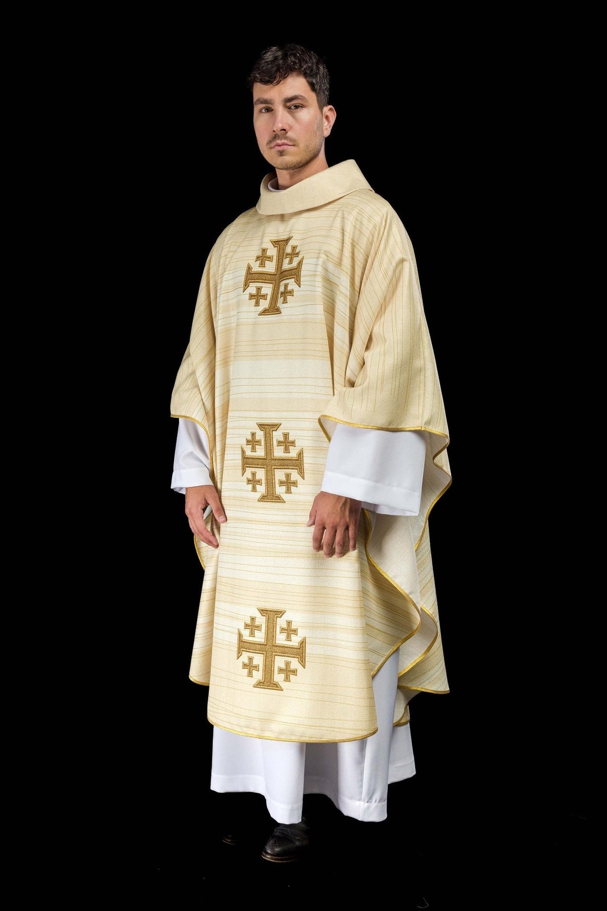 Ecru chasuble, angled front view with gold Jerusalem crosses and gold trim