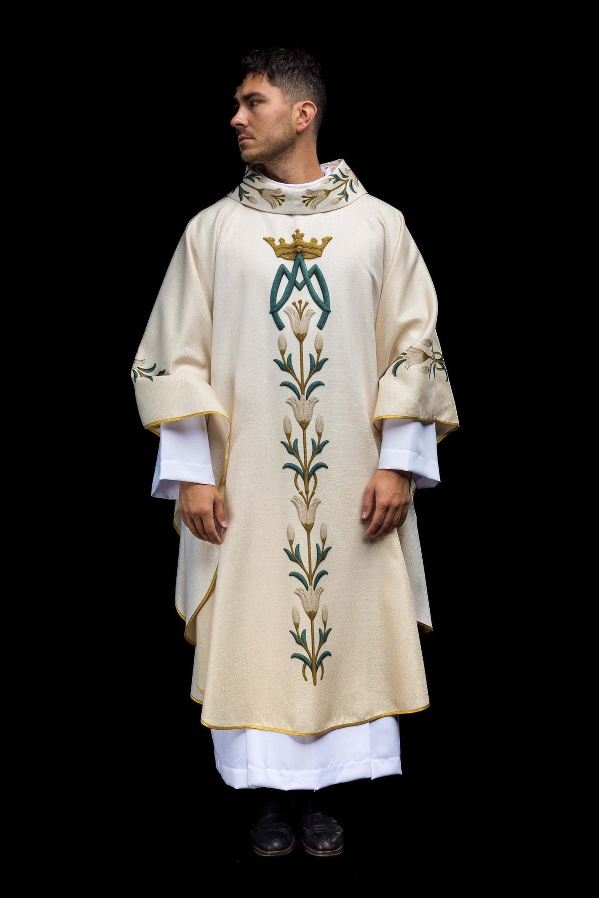 Cream Marian chasuble front view with gold crown, blue monogram and lily embroidery