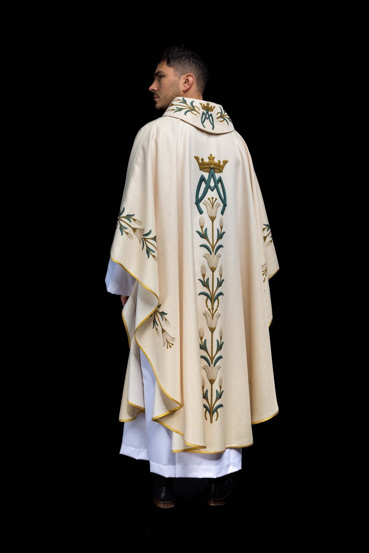 Marian chasuble three-quarter back view with lily motifs and gold trim