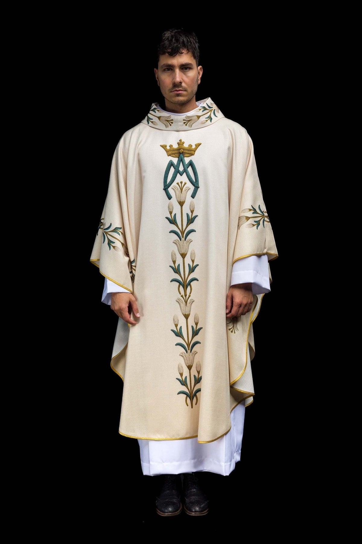 Marian chasuble front view showing full-length central lily pattern