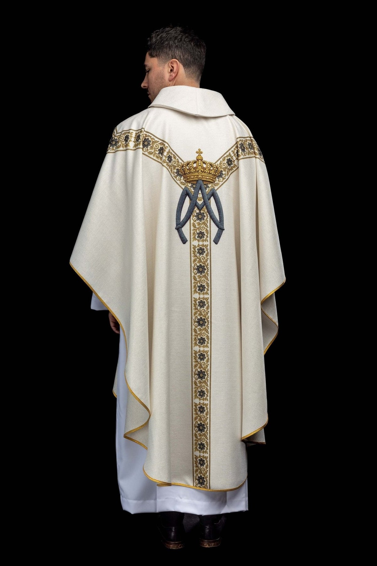 Printed Marian chasuble with Our Lady of Lourdes, back view with gold Marian symbol and floral orphrey