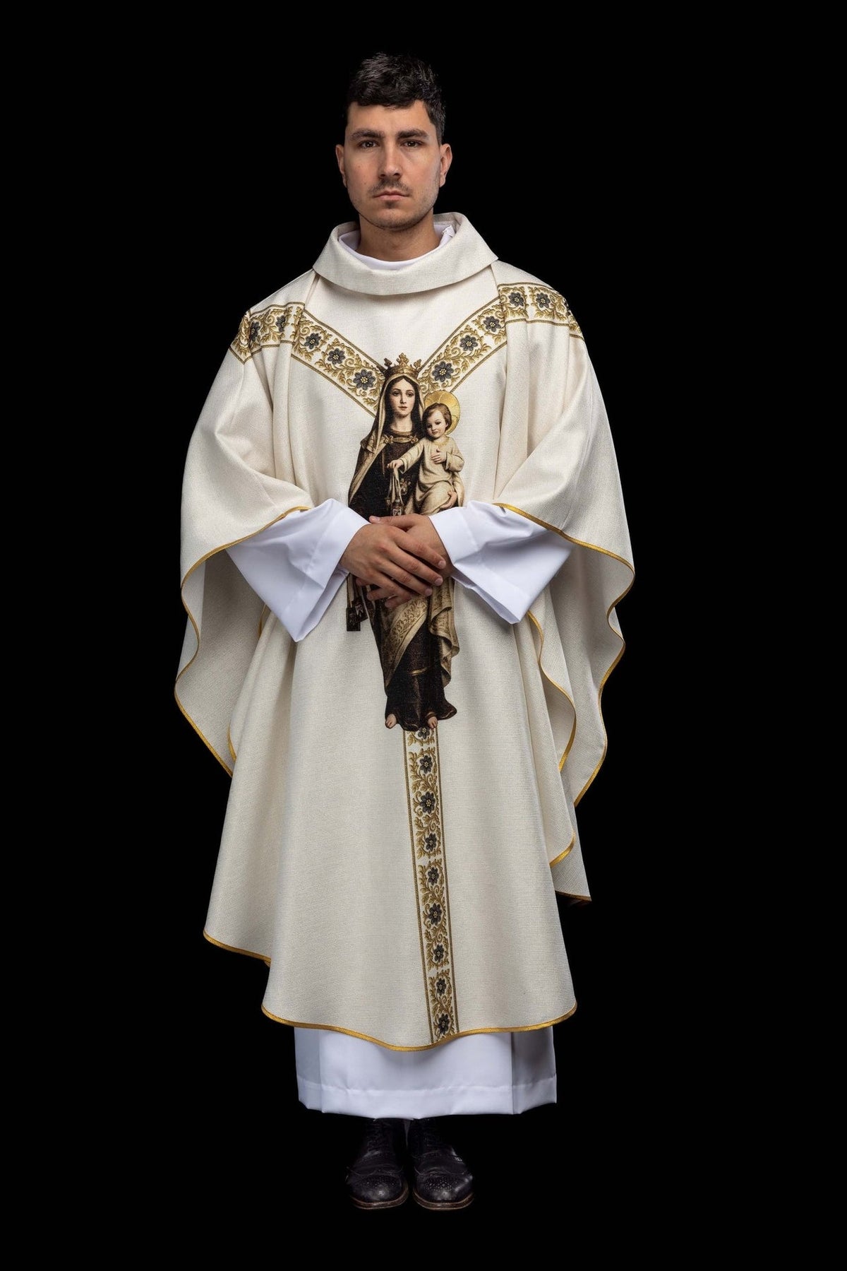Marian chasuble worn front view with Our Lady image and gold trim