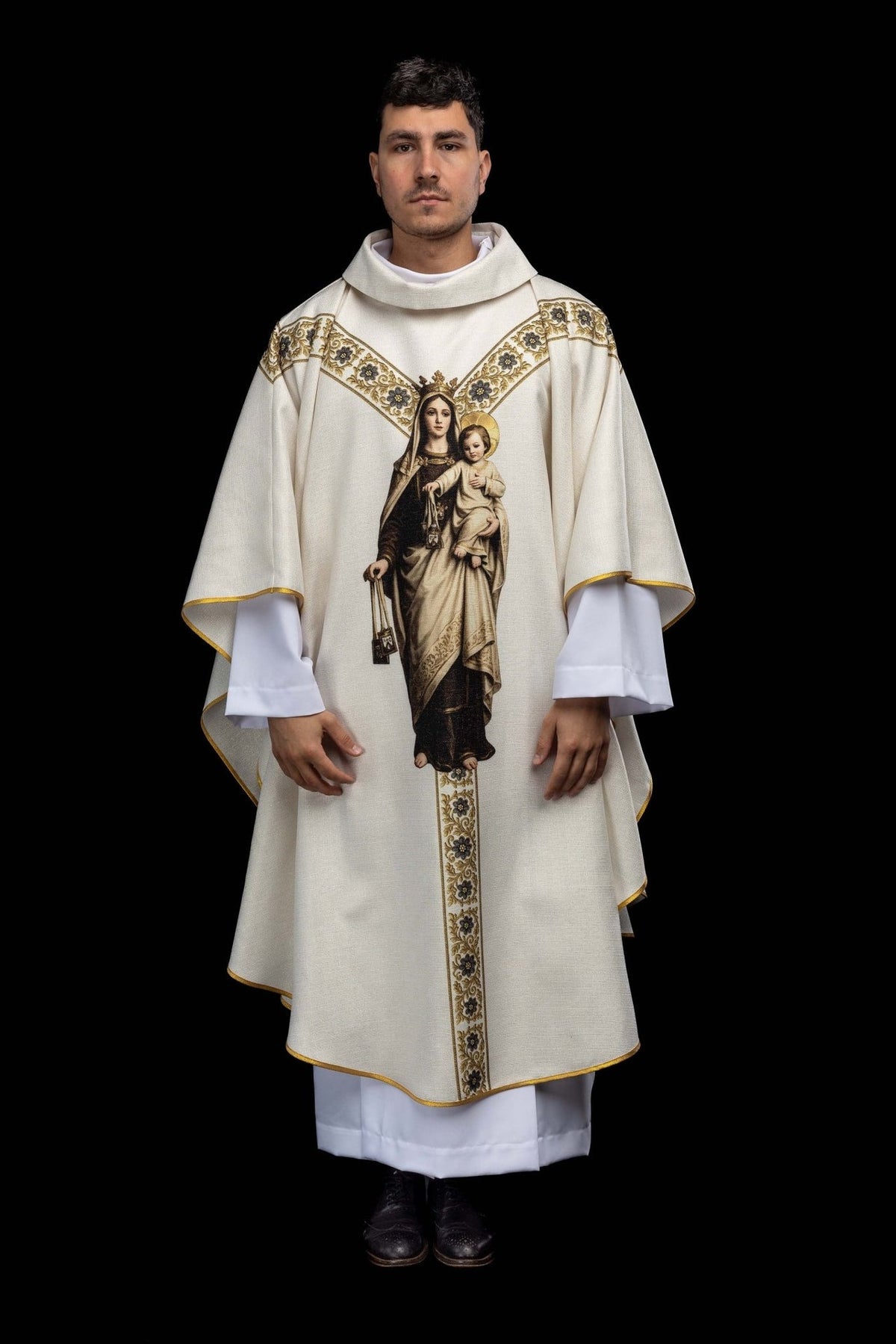 Marian chasuble, full front view with Our Lady image and floral orphrey