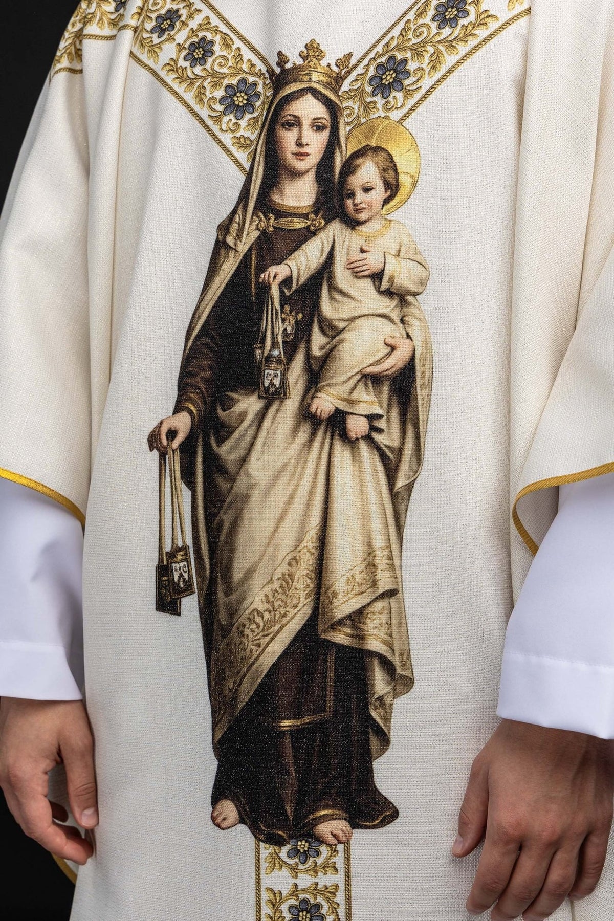 Marian chasuble close-up showing the Our Lady of the Scapular image