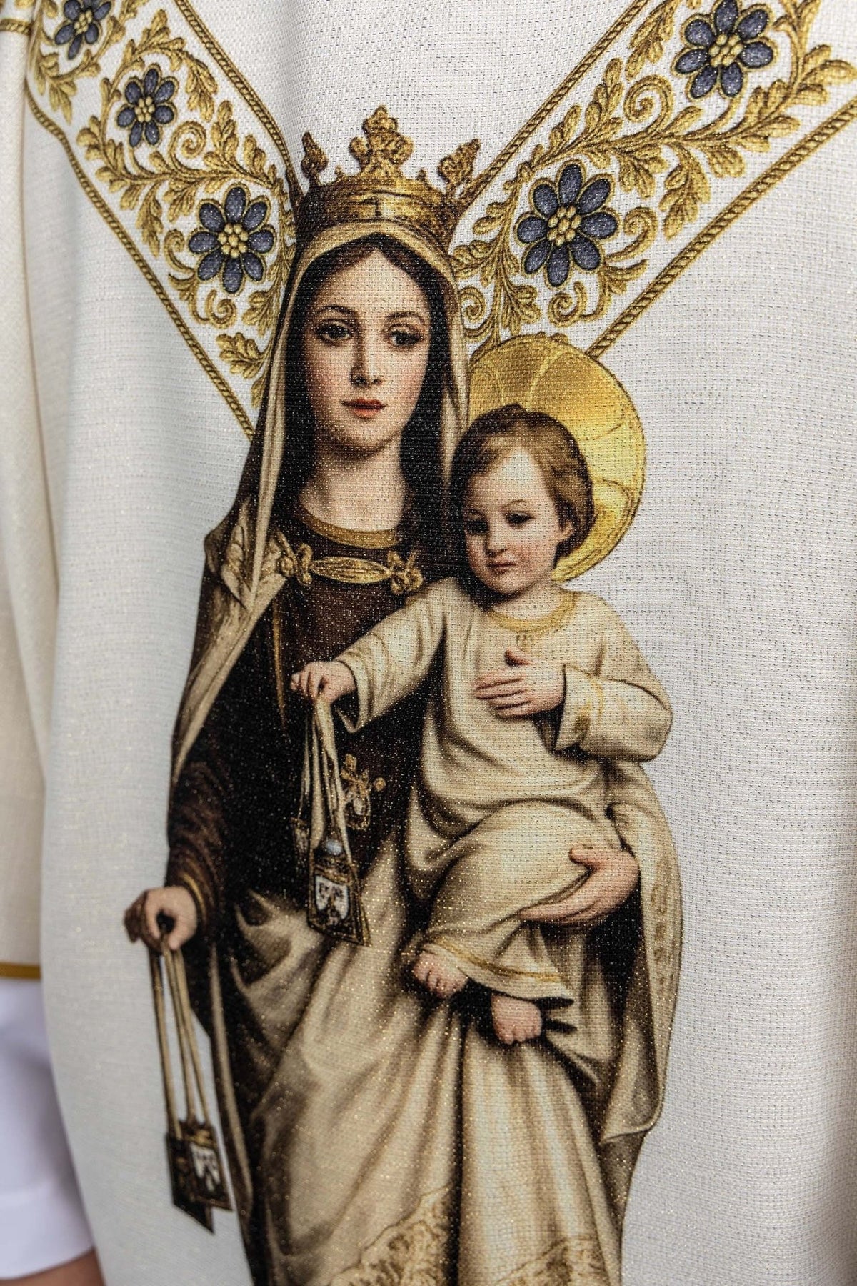 Marian chasuble close-up showing Our Lady and Child with scapulars