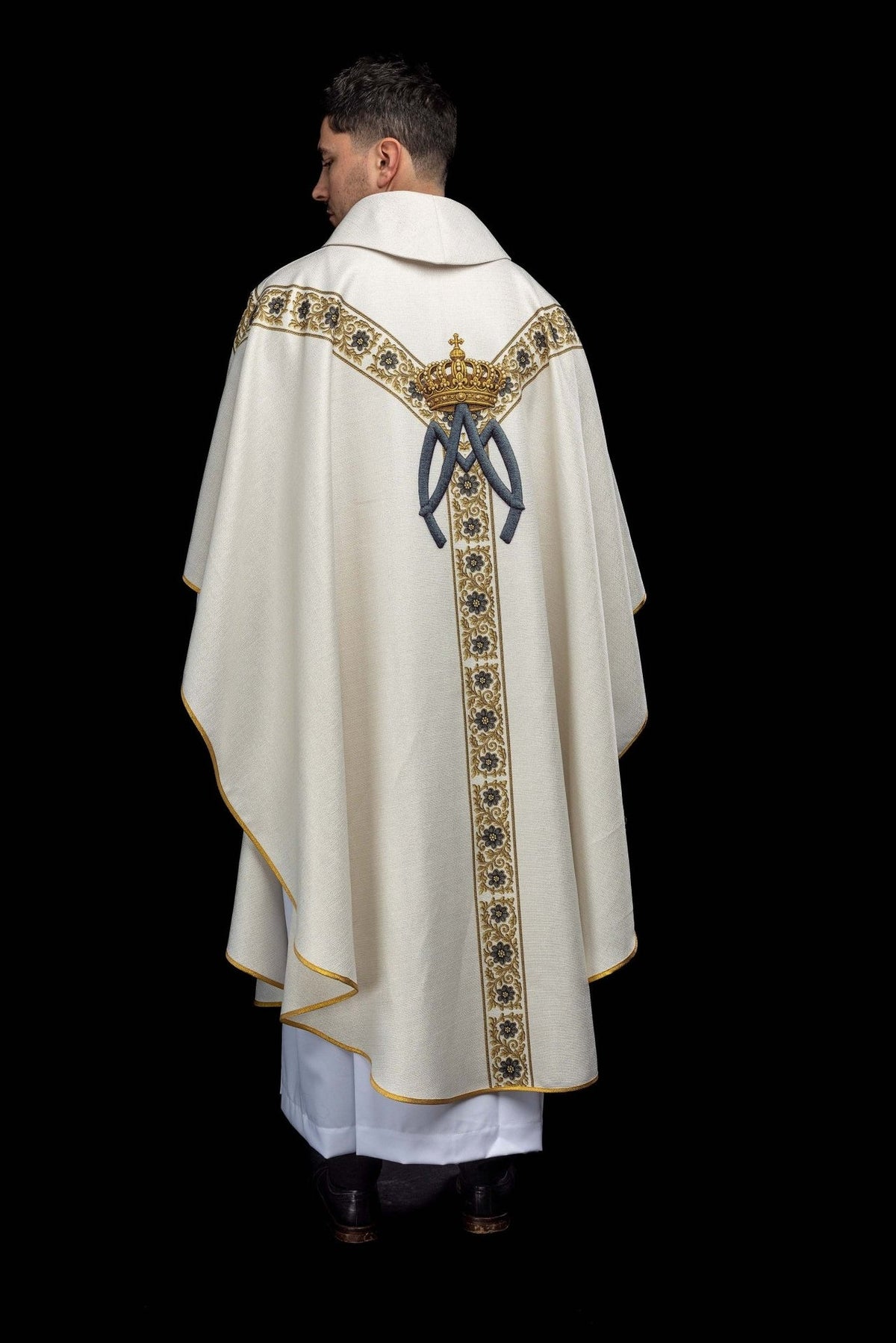 Marian chasuble full back view with central floral orphrey and gold trim
