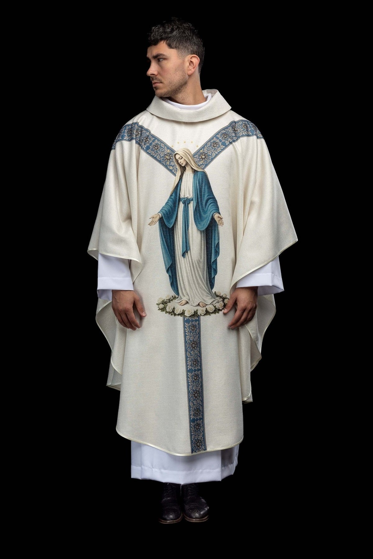 Chasuble with Our Lady image, full front view with light blue orphrey