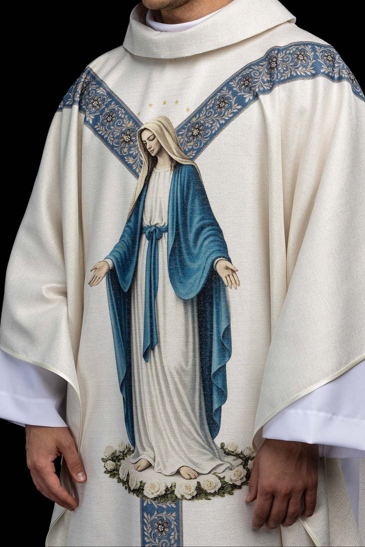 Chasuble with Our Lady image, close front view showing the printed figure and floral trim