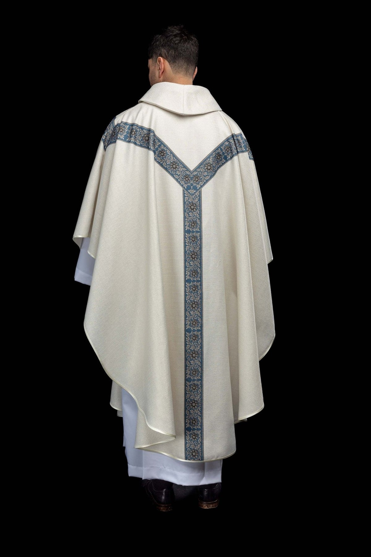 Chasuble with Our Lady image, back view with light blue floral orphrey