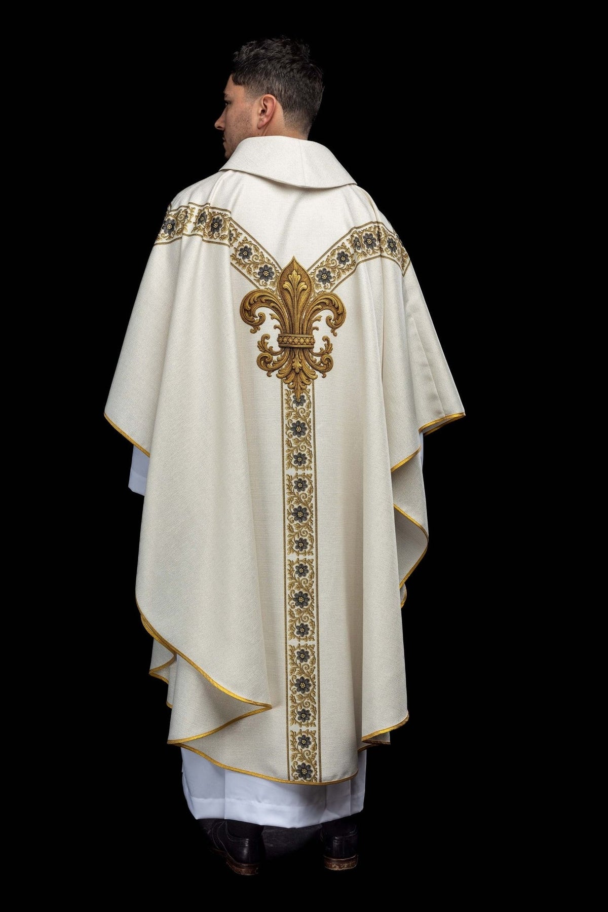 Printed Marian Chasuble with Our Lady of the Immaculate Conception, back view with gold floral orphrey