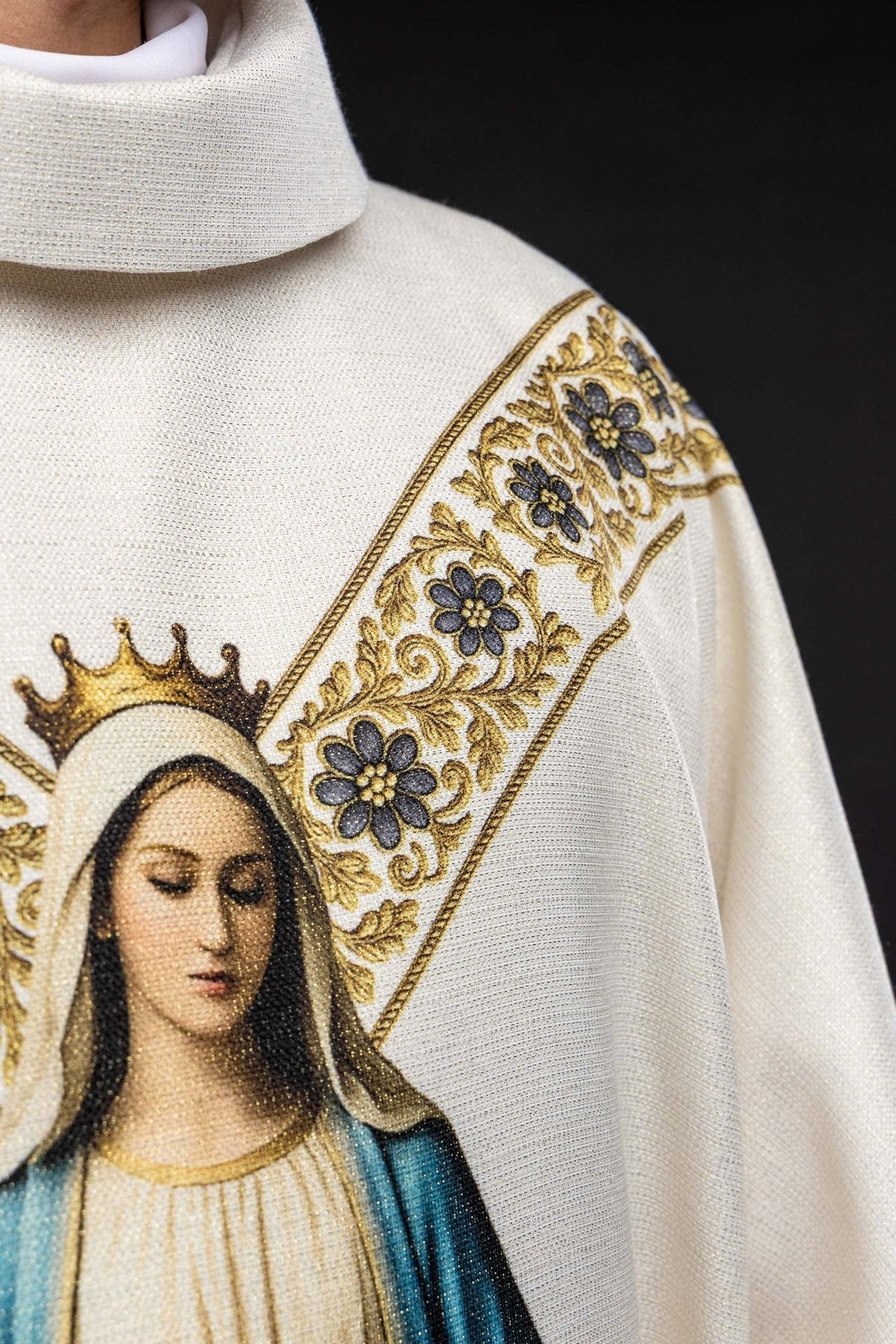 Marian chasuble close-up of Our Lady and floral trim