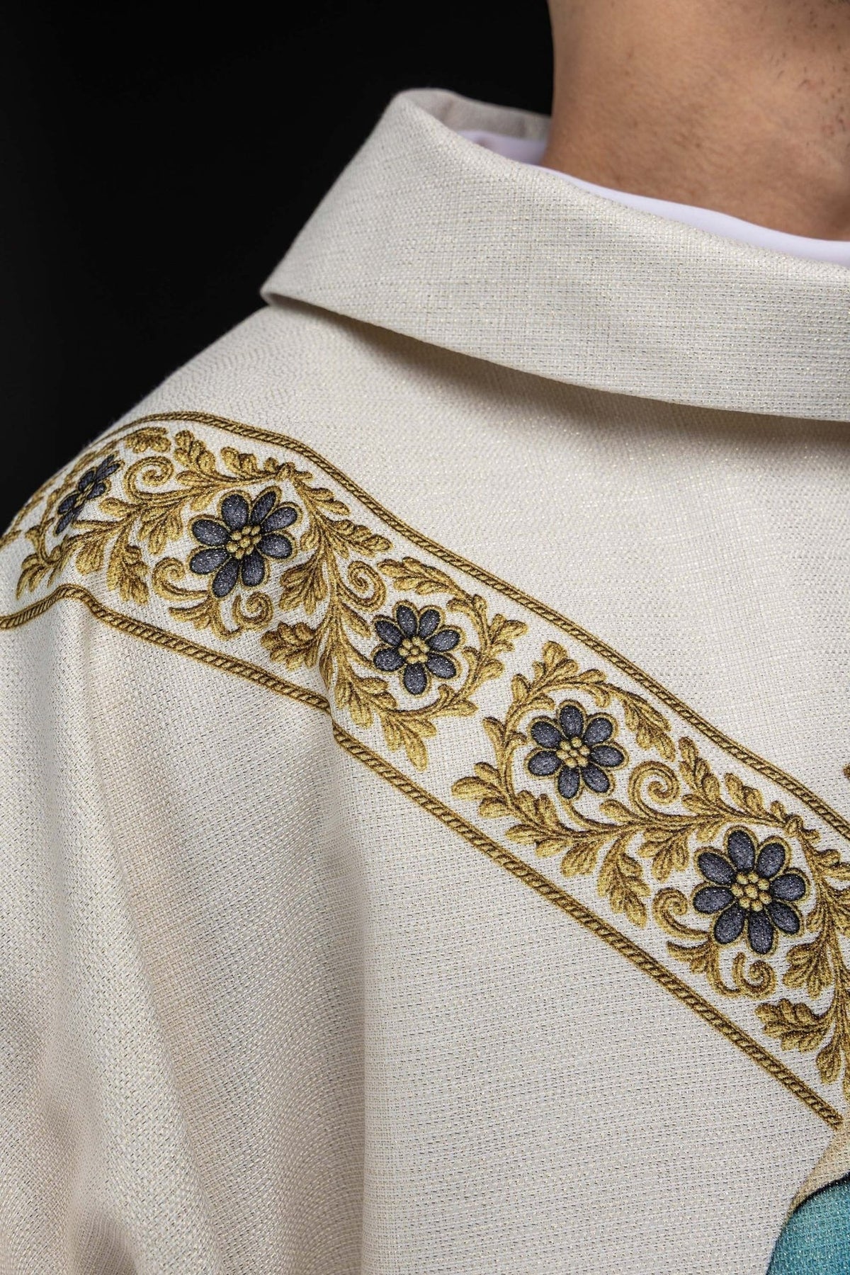 Marian chasuble close-up of textured collar and floral trim