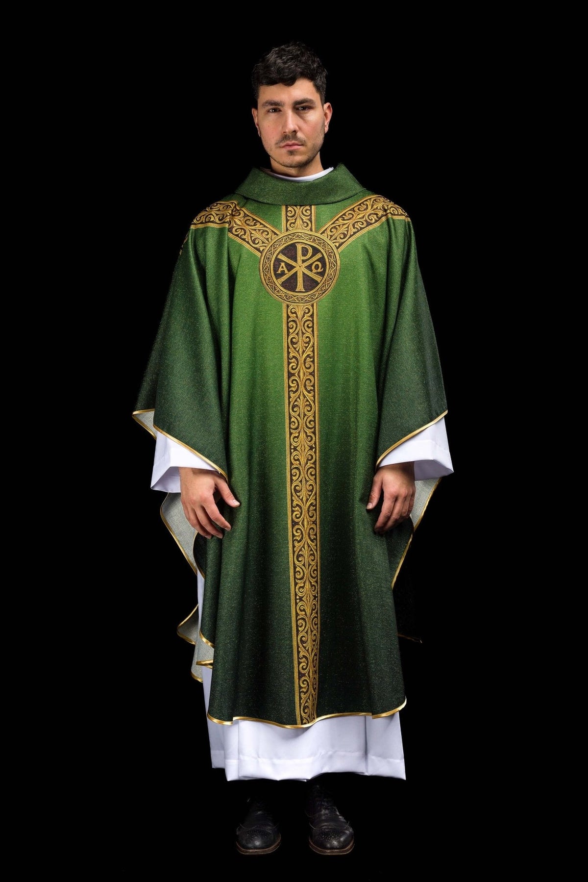 Green Pax chasuble full front view with gold cross and circular Pax motif