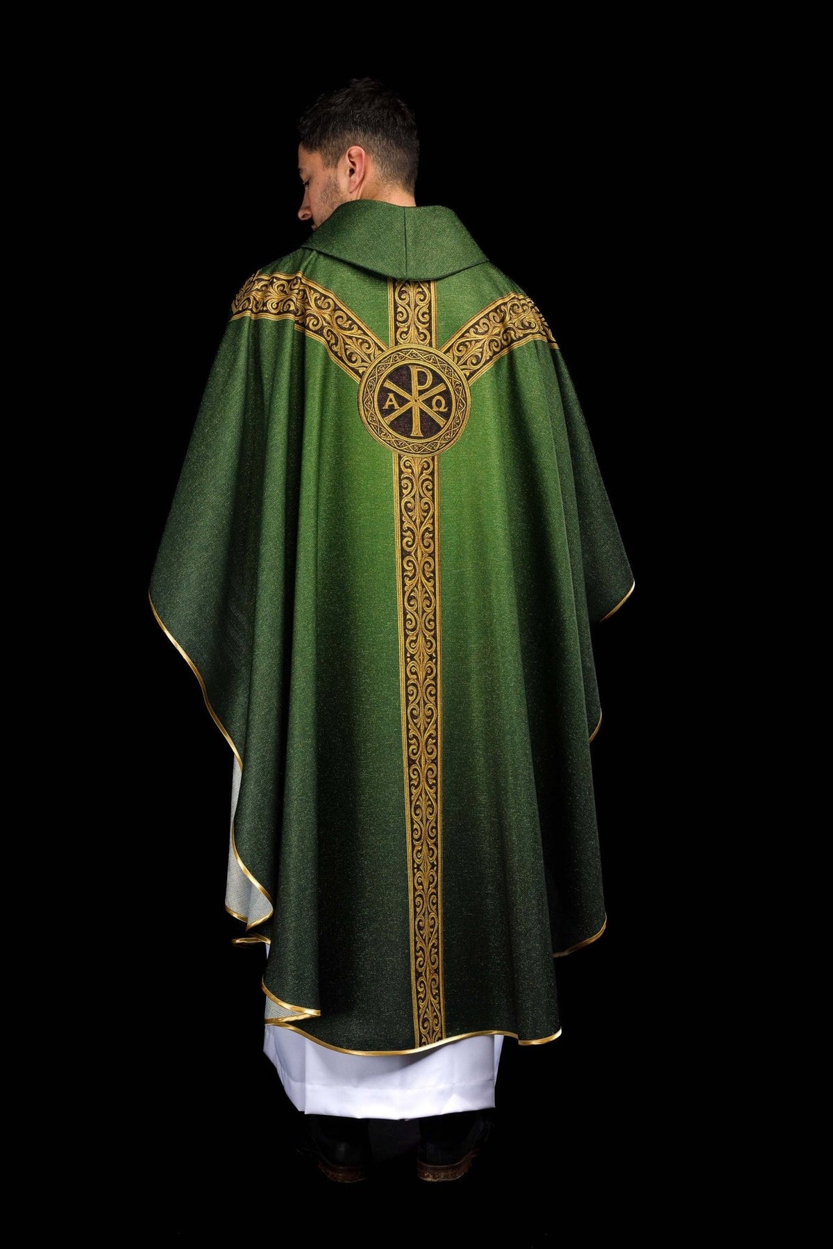 Green Pax chasuble back view with gold cross and circular Pax motif