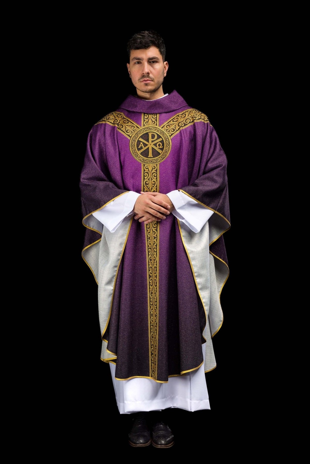 Pax chasuble three-quarter back view with gold orphrey and purple fabric