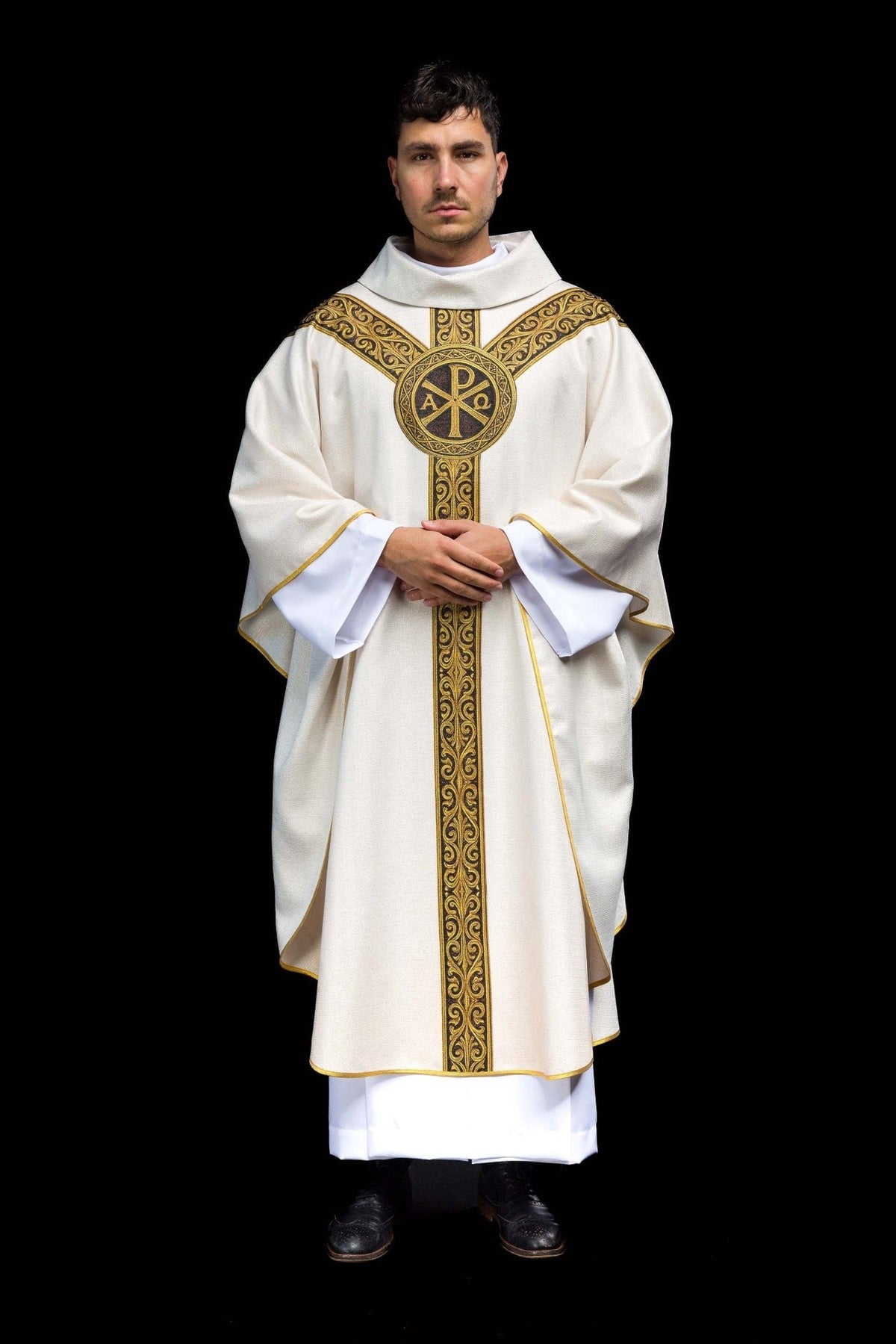 Ecru Catholic chasuble front view with gold orphrey and Pax cross